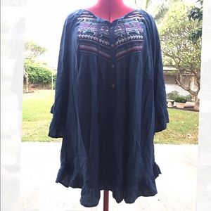 Roxy Tunic embroidered dress. Navy. Free waist